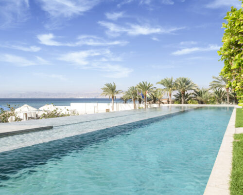 Infinity Pool with Red Sea View Infinity Pool with Red Sea View and greenery.